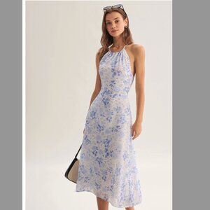 Rihoas Size L Blue Floral Halter Midi Dress - New!